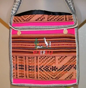 Peru Llama Cross Body Handbag Pink Brown Native Wool Design Woven 10x10 Peruvian - Picture 1 of 5
