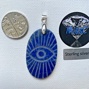 LAPIS LAZULI THIRD EYE CARVED 42MM OVAL PENDANT WITH 925 STERLING SILVER BAIL - Picture 1 of 6