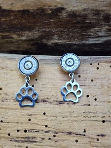 Stainless Steel Bullet Stud Earrings with puppy paw charms. Optional Crystals. - Picture 1 of 5
