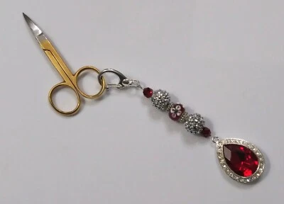 Lg Rhinestone Ruby Pear Shape Beaded Fob & Vig Gold Plate Embroidery Scissors - Image 1 of 3