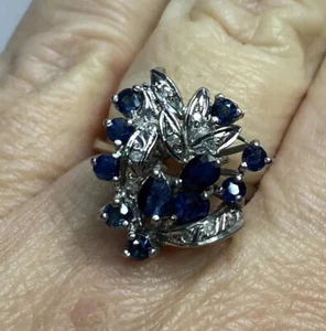 Vintage Palladium Blue Sapphire Diamond Antique Ballerina Gold Deco Ring 6 1/2 - Picture 1 of 17