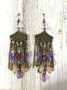 Long Multicolored Seed Beaded Fringe Dangle Earrings Bronze Boho Art Jewelry