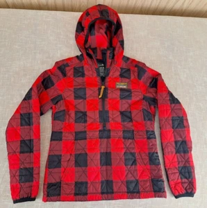 LL Bean Katahdin Pullover Quilted Jacket Hood Puffer Red Black Buffalo Plaid S - Picture 1 of 8