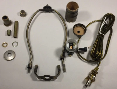 Table Lamp Wiring Kit W/ 8" Antique Finish Harp,3 Way Socket, Antique Brass Cord - Image 1 of 3