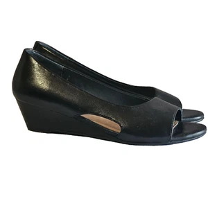 Wittner Womens Black Leather low/medium Wedge Heels Peep Toe Size 35/AU 4 work - Picture 1 of 18
