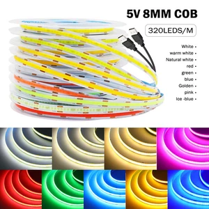 USB 5V COB LED Strip Light 320LEDs/m Red Green Blue Pink Ice Blue Warm White - Picture 1 of 33