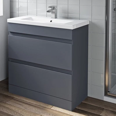 800mm Bathroom Vanity Unit Basin Storage 2 Drawer Cabinet Furniture Grey Gloss - Image 1 of 4