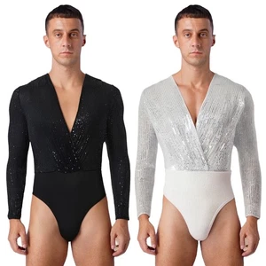 Mens Sequin Bodysuits Long Sleeve Leotard Deep V-Neck Jumpsuit Dance Clubwear - Picture 1 of 34