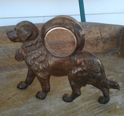 Antique Cast Iron figural clock frame ST. BERNARD DOG w/ KEG not advertising - Image 1 of 4