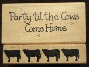 2 timbri in gomma montati su legno "Festa fino all'arrivo delle mucche. Bordura per casa e mucca - Foto 1 di 2