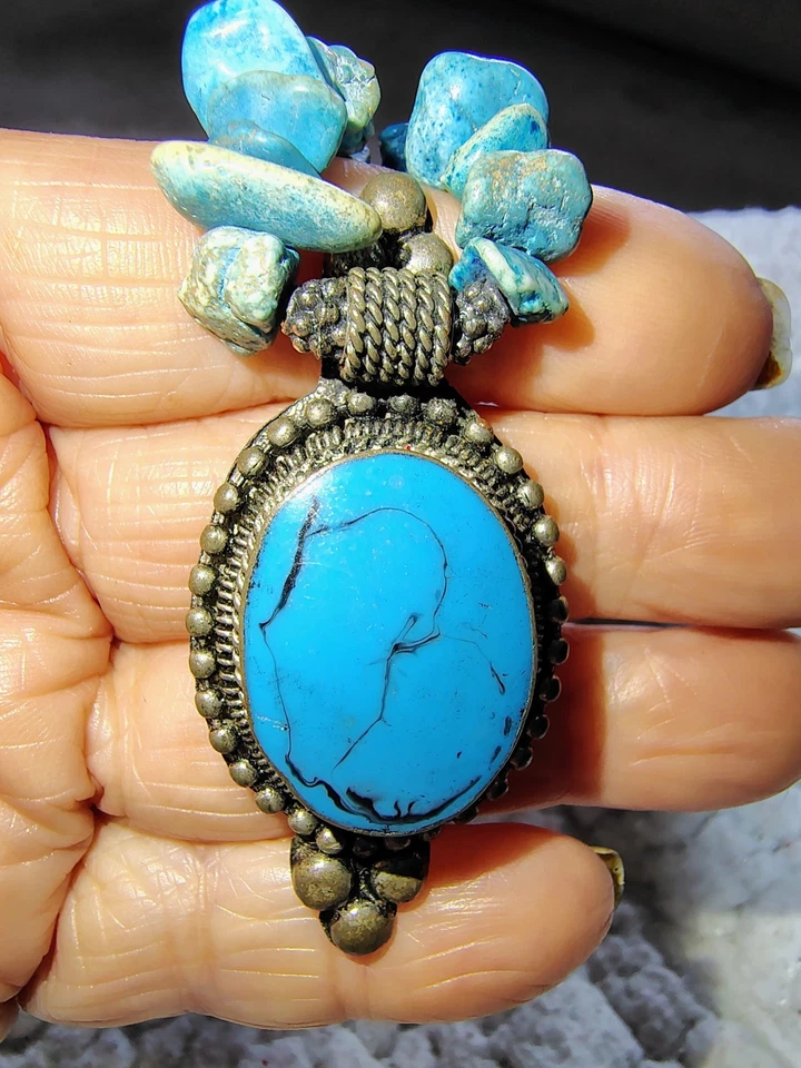 Boho Southwestern Necklace Genuine Turquoise Chip Beads Faux Turquoise Pendant - Image 1 of 4