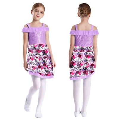 Kids Girls Dancewear Costume Dresses Prom Gown Party Sequins Modern Patchwork - Image 1 of 3