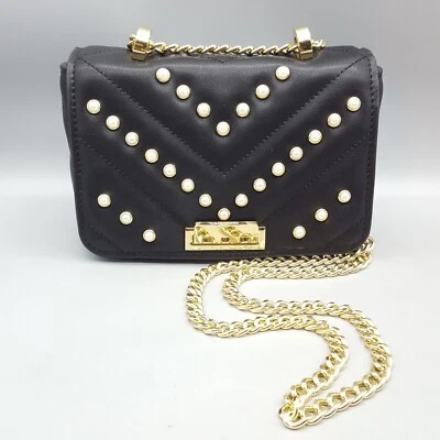 ZAC POSEN BEA Crossbody Purse MSRP $298 Chevron Pearls Black Leather Gold Chain - Image 1 of 4