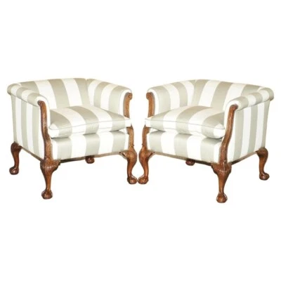 ANTIGUO PAR VICTORIANO DE SILLONES DE CLUB DE NOGAL TALLADOS A MANO CON GARRAS Y PIES DE PELOTA Foto 1 de 4