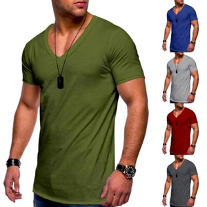 Short Fit Muscle Tee Neck Blouse V Solid Summer Tops Casual Sleeve Slim T-shirt- - Picture 1 of 29