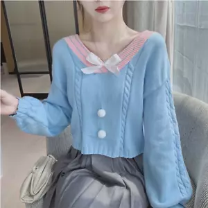 Lady V-neck Knit Sweater Bowknot Jumper Soft Pom Pom Top Pullover Short Top Cute - Picture 1 of 13