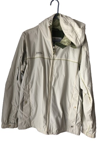 OFF WHITE Giacca a vento Columbia donna taglia L grande con cappuccio giacca antipioggia bianco sporco