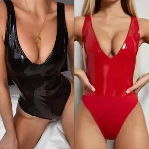 Glossy Pu Leather Women Swimsuit LowCut Tight Nightclub Bodysuit Black/Red - Picture 1 of 38