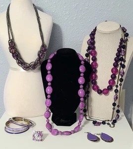 Purple Themed Jewelry Lot Necklaces Earrings Brooches Ring - Picture 1 of 13