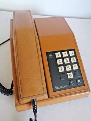 Vintage Tan  Leather Desk or Wall push button click telephone phone BT 1983 - Image 1 of 4