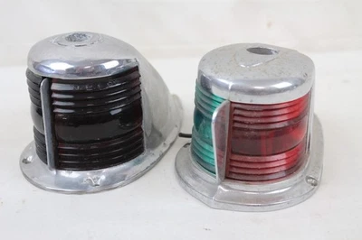 2 Vintage Bow Light Red Green Glass Boat Antique Chrome Old Part Teardrop N.M.L. - Image 1 of 4