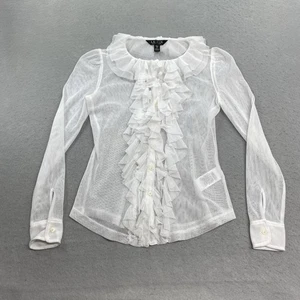 Lauren Ralph Lauren Shirt Womens XXS White Button Front Ruffles Sheer - Picture 1 of 10