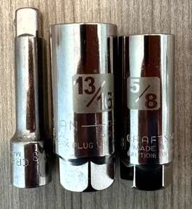 CRAFTSMAN 5/8 + 13/16 IN SPARK PLUG 3/8 IN DRIVE SOCKETS + 3 INCH EXT. USA MADE - Picture 1 of 5