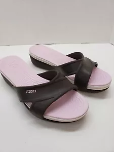 Crocs Womens Crocband Shoes Wedge Sandals Criss Cross Size 10 Brown/Pink Slip On - Picture 1 of 8