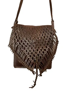 LARGE VTG 60S 70S HIIPPY BOHO DARK BROWN LEATHER WOVEN SHOULDER CROSS BODY BAG - Picture 1 of 5