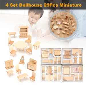 29Pcs 1:24 Dollhouse Miniature Unpainted Wooden Furniture Model Toys Cute Gift - Picture 1 of 10
