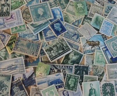100 BLUE, GREEN, TEAL Old Postage Stamps U.S. & World USED Off Paper Crafts Etc. - Image 1 of 4