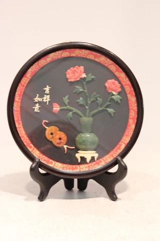 Vintage Cute Asia Carved Hard Stone Picture / Wall Hanging 7.25" Cover