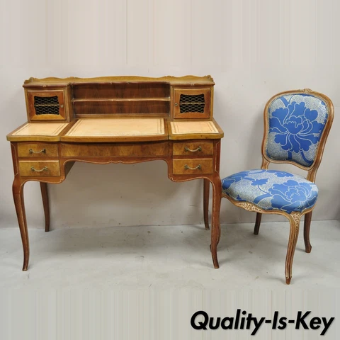 Vintage French Provincial Louis XV Leather Top Vanity Desk Mirror and Side Chair Cover