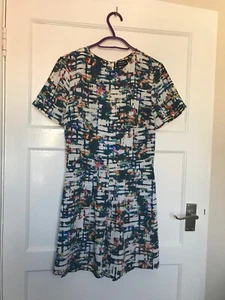 Warehouse White Blue Abstract Arty Short Sleeve Playsuit UK Size 6 Satin - Picture 1 of 5