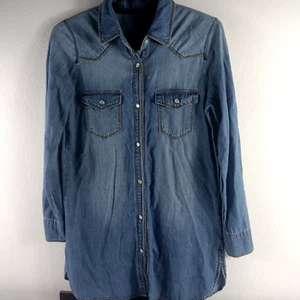 Denim women’s factory distressed pockets long sleeve shirt dress - Picture 1 of 5