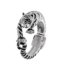 Siberian Tiger Cuff Bangle Rhodium Plated Metal Alloy With Enamel And Crystals - Picture 1 of 10