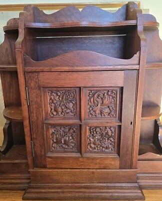 Antique Wooden Hanging Wall Cabinet With Carved Panels - Image 1 of 4