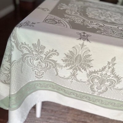 Garnier Thiebaut - Beauregard Jacquard French Tablecloth 73x92" Green Vert Taupe - Image 1 of 4
