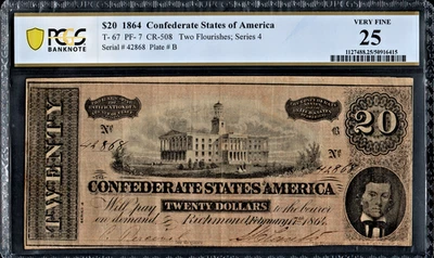 PCGS 25! 1864 CONFEDERATE STATES T-67 $20 NOTE - Image 1 of 2