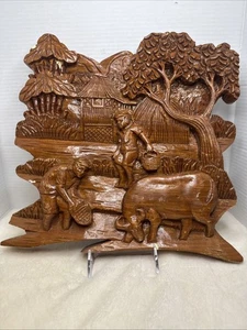 Thailändische Vintage 3D handgeschnitzte Holztafel Bild Kinder Bäume Wasserbüffel - Bild 1 von 18