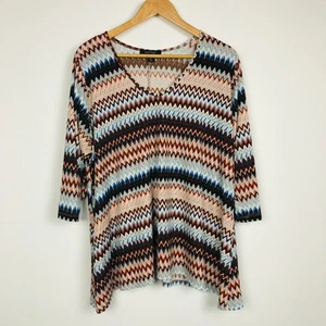 Karen Kane Women's Chevron Striped 3/4 Sleeve V Neck Shirt Brown Blue Size 2X - Picture 1 of 5