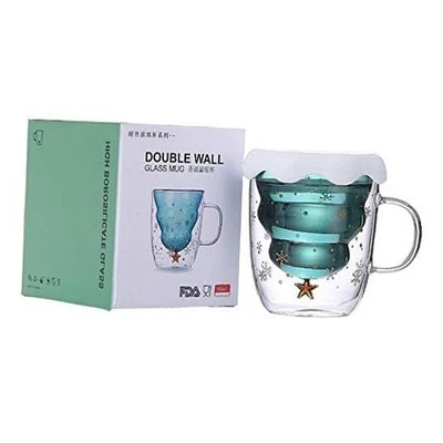 Taza de vidrio de café de doble pared con forma de árbol de Navidad transparente, verde, blanco, dorado Foto 1 de 4