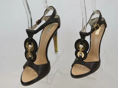 全新带盒 ROBERTO CAVALLI GORGEOUS 巧克力色 T-STRAP 高跟鞋 39 美国 8.5 — 第 1/4 张图片