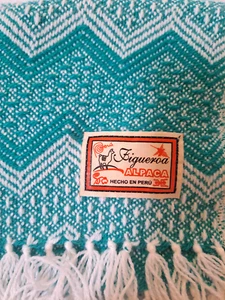figueroa alpaca wool scarf shawl made in Peru turquoise blue and white 67"×21" - Picture 1 of 2