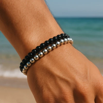 Set Bracciali 2 Pezzi Acciaio inox Argento Perle Nero bracciale da Uomo e Donna - Immagine 1 di 4