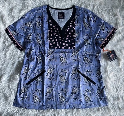 Koi Stretch Scrub Top Women’s Large Lennon Vintage Floral Blue Nursing Medical - Image 1 of 4