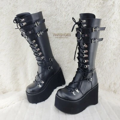 Bota de rodilla Kera 200 negra Shin Shield 4,5" plataforma gótica punk rock DEMONIA Foto 1 de 4