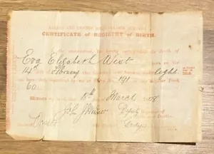 1908 Short Birth Certificate Orsett Grays District Eva Elizabeth West - Picture 1 of 2