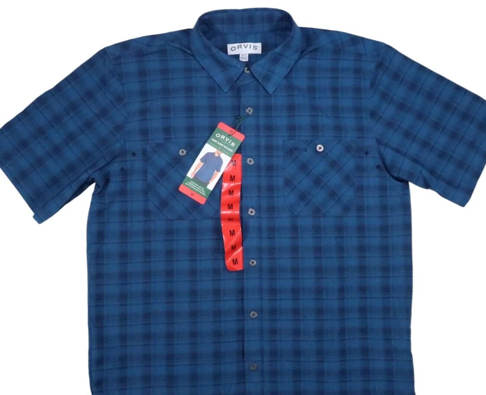 ORVIS Mens Short Sleeve WOVEN TECH Shirt UPF 30 QUICK DRY BLUE PLAID MEDIUM