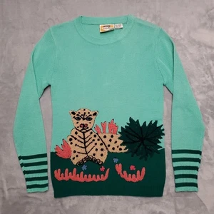 VTG Sweater Womens L Mint Green Acrylic Leopard Jungle Korea 80s Novelty Kitsch - Picture 1 of 6